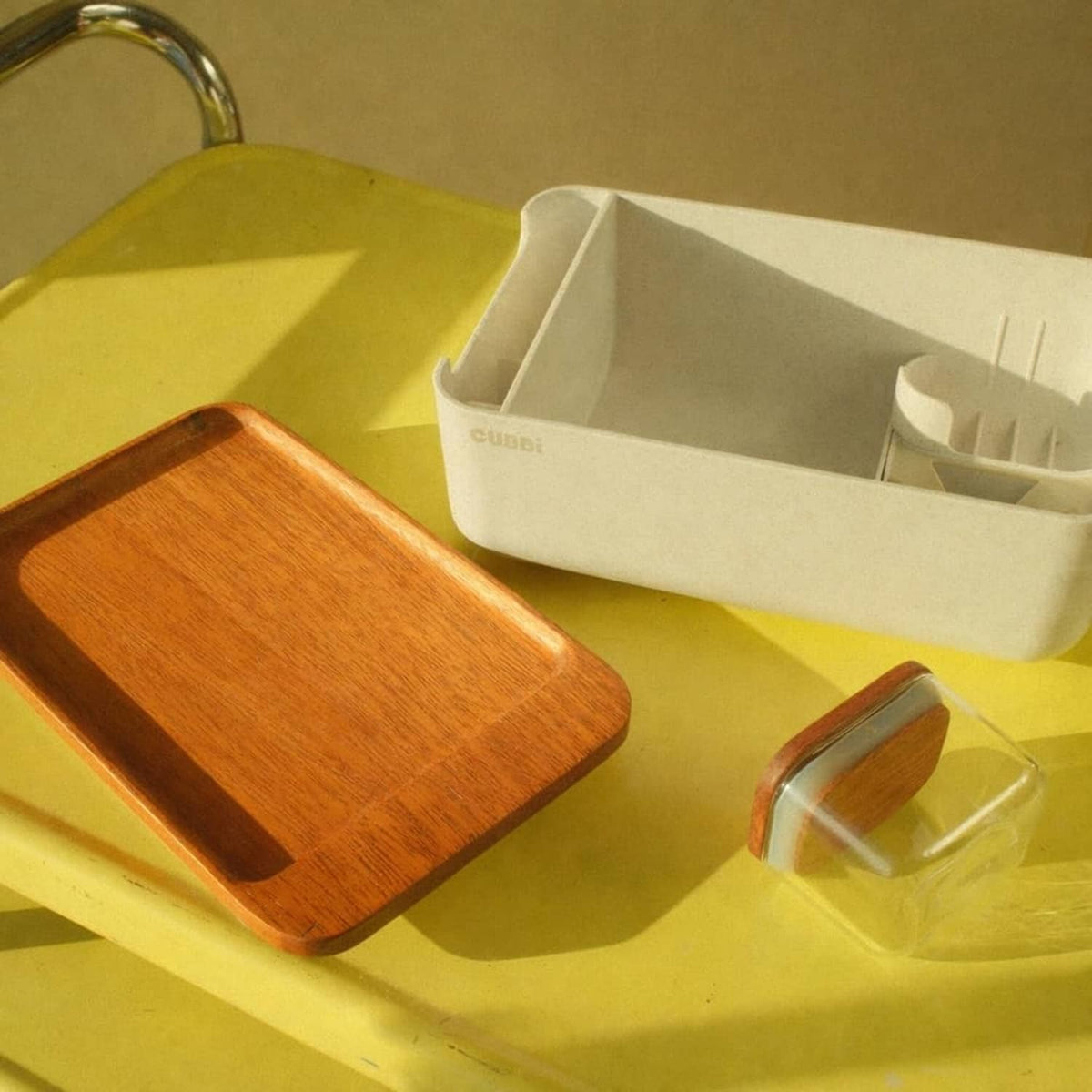 Airtight storage box set with hardwood prep tray and clear glass jar accessory.
