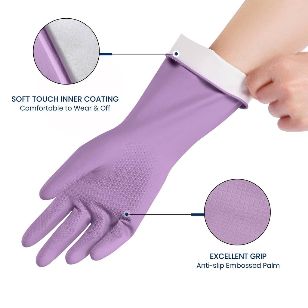 Lavender rubber dishwashing glove with textured anti-slip palm and soft inner coating
