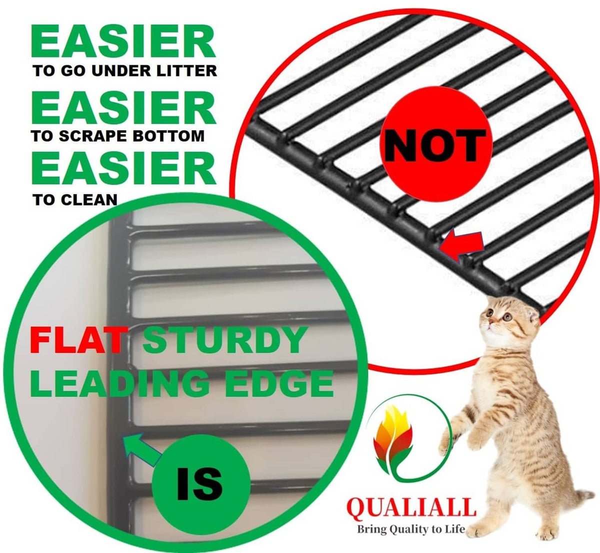 Black cat litter scoop with flat leading edge and slotted metal basket
