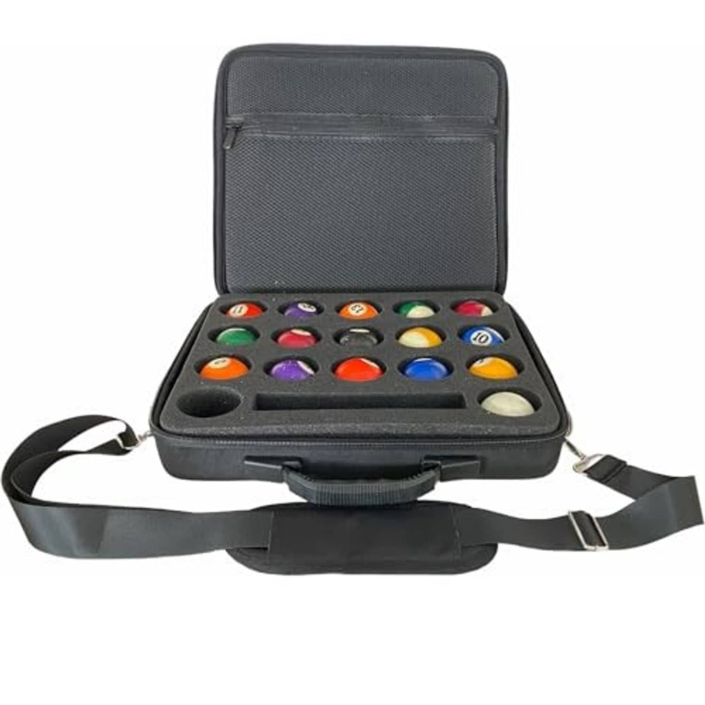 Hard pool ball carrying case with shoulder strap, open lid showing ball holder insert, dark gray.