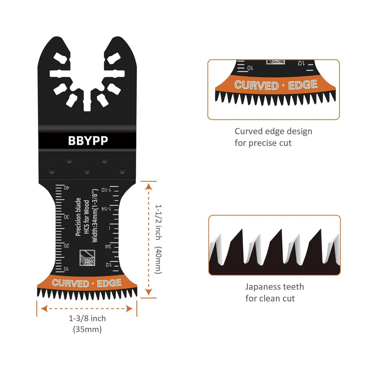 Black curved-edge oscillating saw blade with Japanese teeth, BBYPP label and measurements