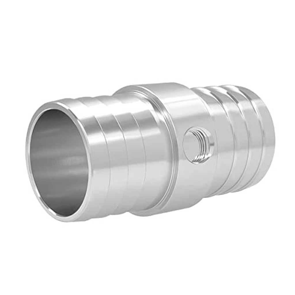 Metal hose barb coupler reducer with threaded side outlet and ribbed body