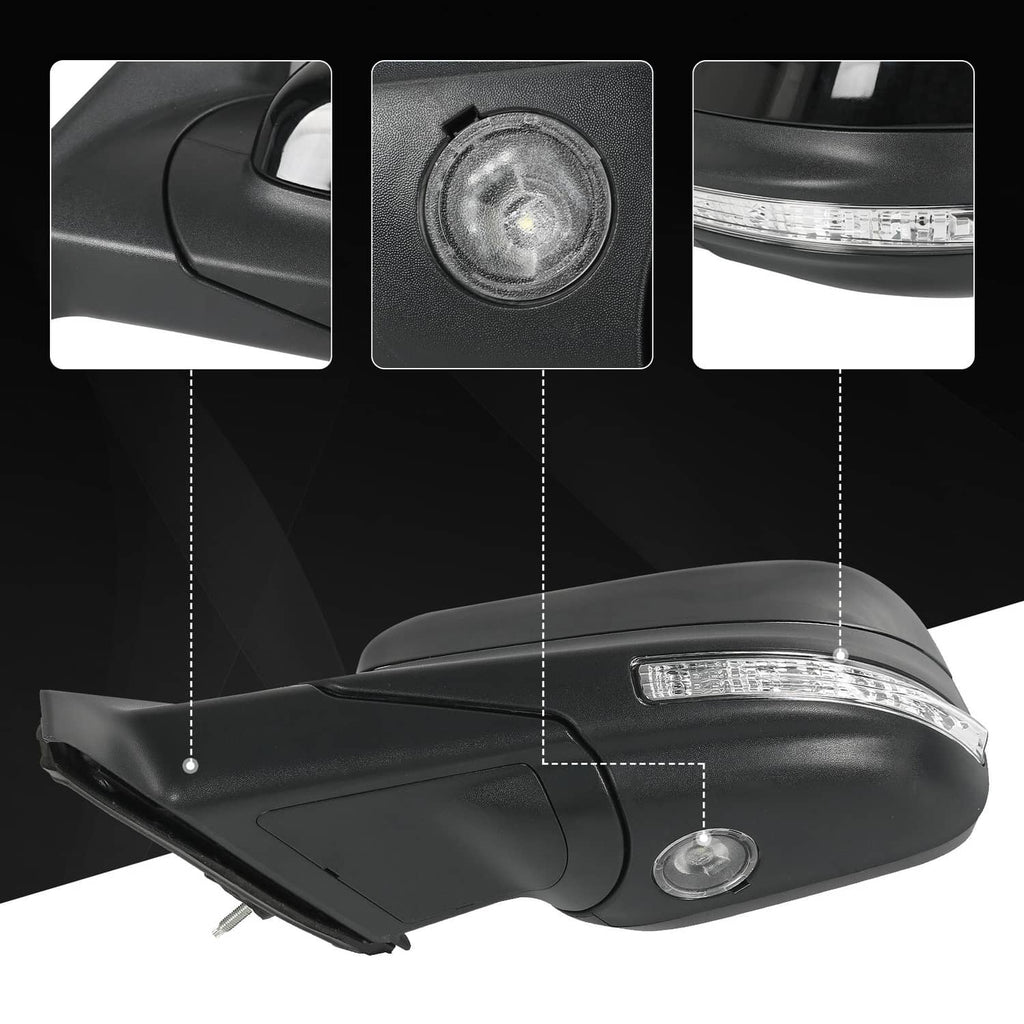 Heated side mirror with integrated LED puddle light on black housing