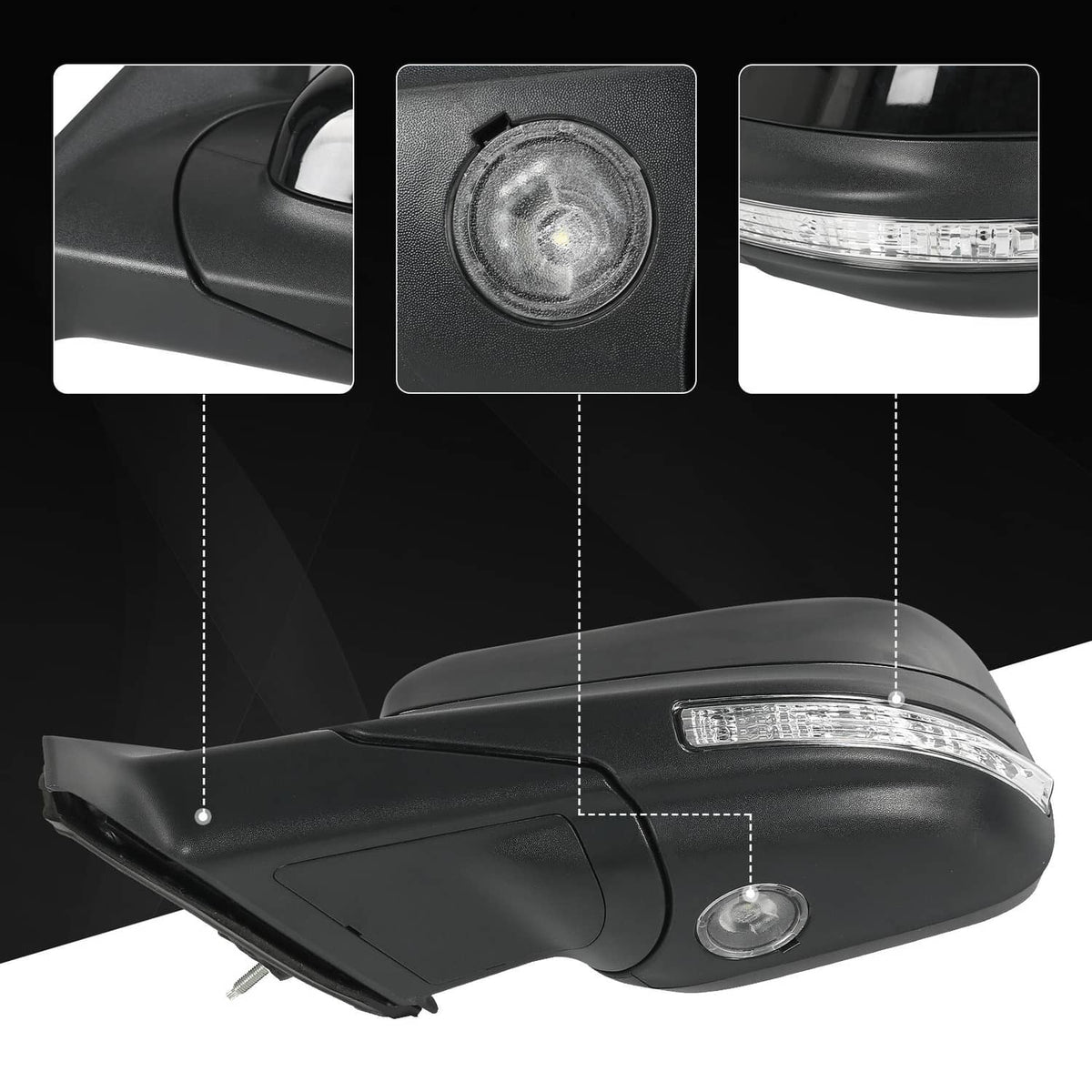 Heated side mirror with integrated LED puddle light on black housing