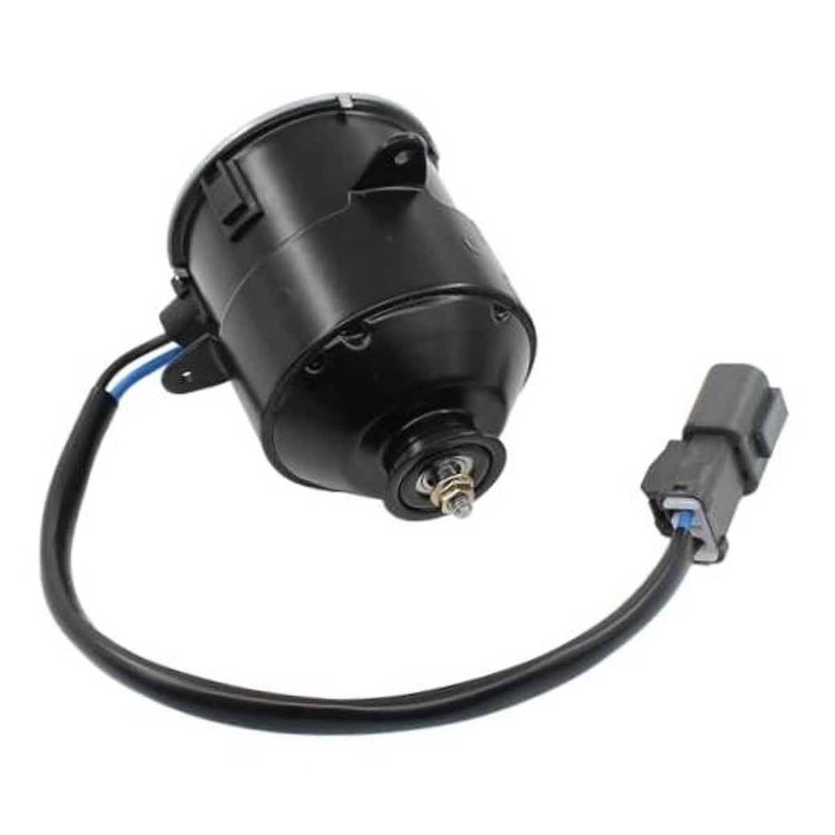Engine radiator cooling fan motor with black housing and attached wiring harness
