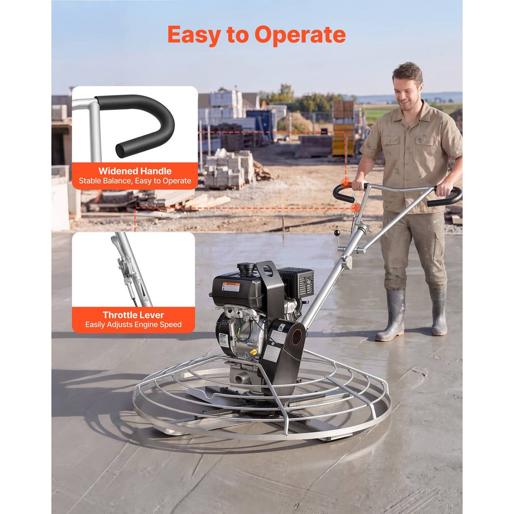 Gas concrete power trowel with wide handle and throttle lever, round float pan base