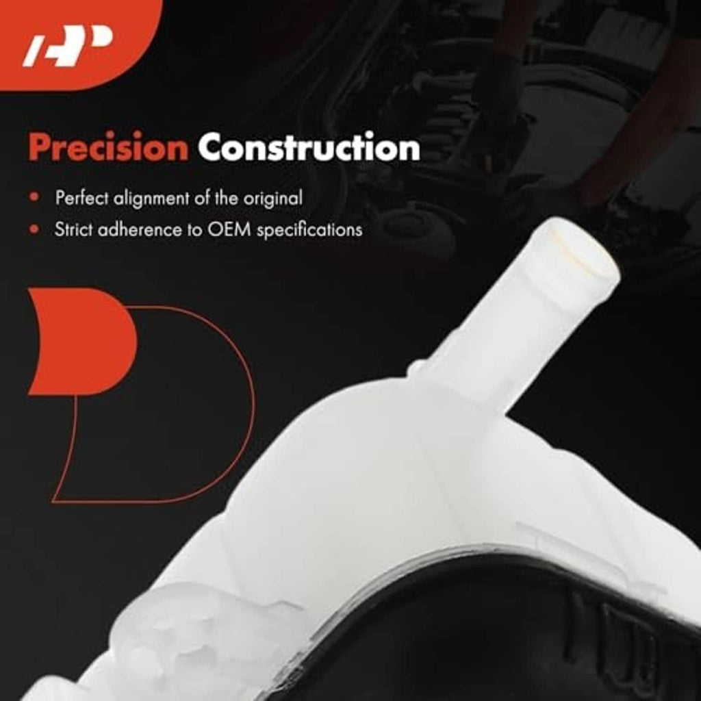 Coolant reservoir tank with black cover and white inlet/outlet ports