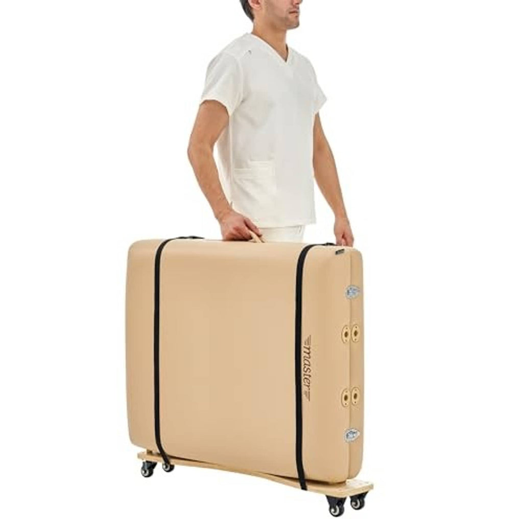 Beige massage table cart with black edge trim and caster wheels; side profile