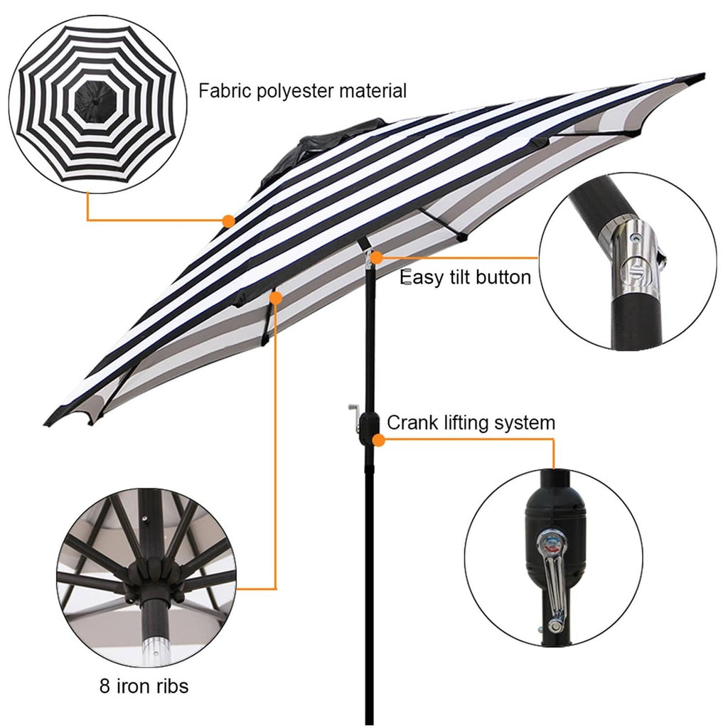 Striped outdoor umbrella with crank lift system, easy-tilt button, and iron ribs