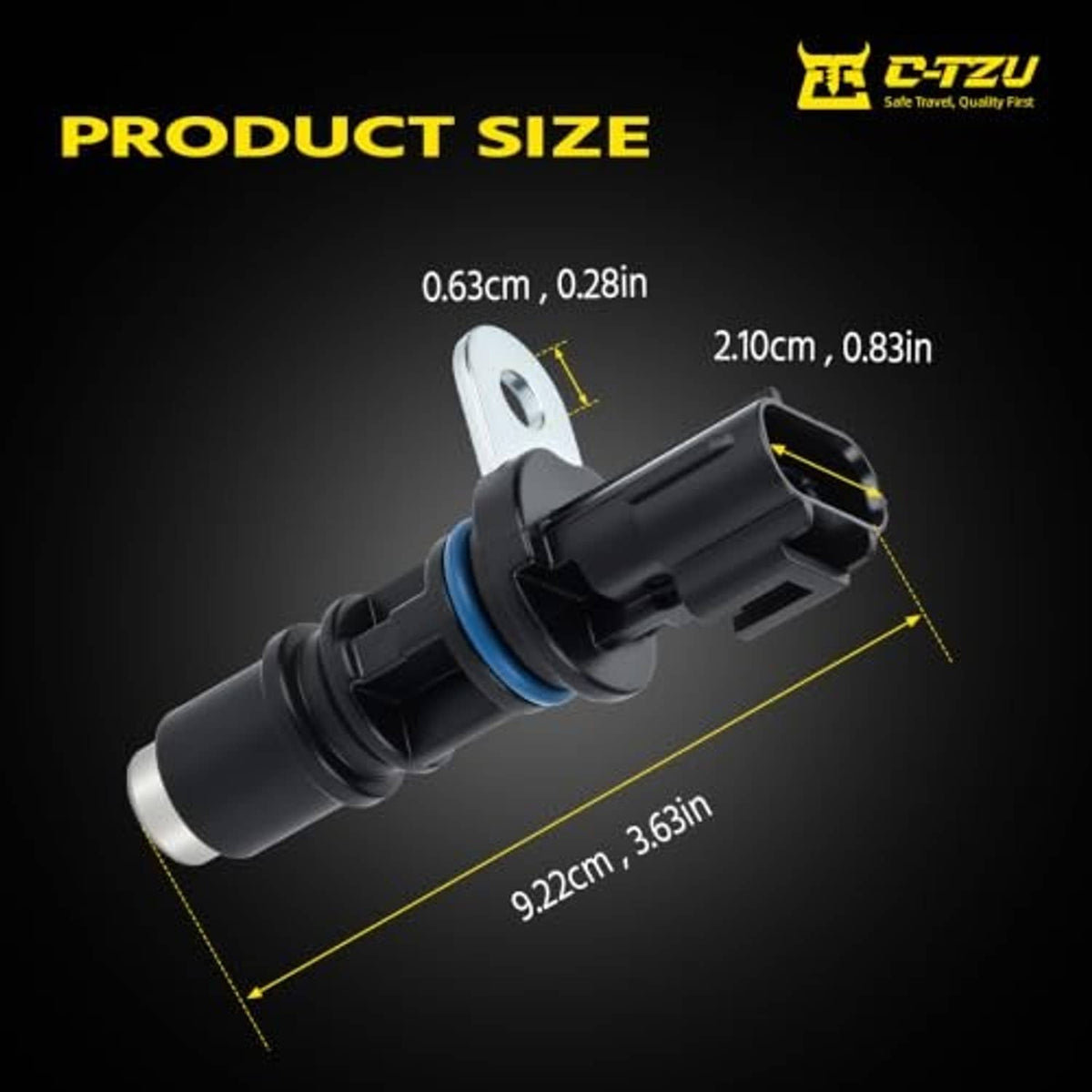 Camshaft position sensor size diagram with blue seal ring and mounting hole
