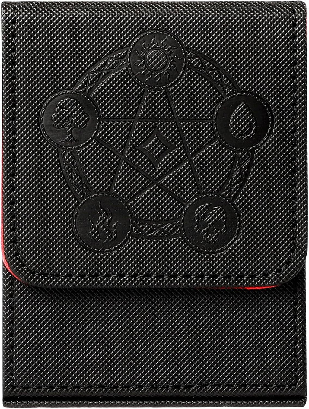 Close-up of black magnetic deck box flap with embossed pentagram-style game emblem