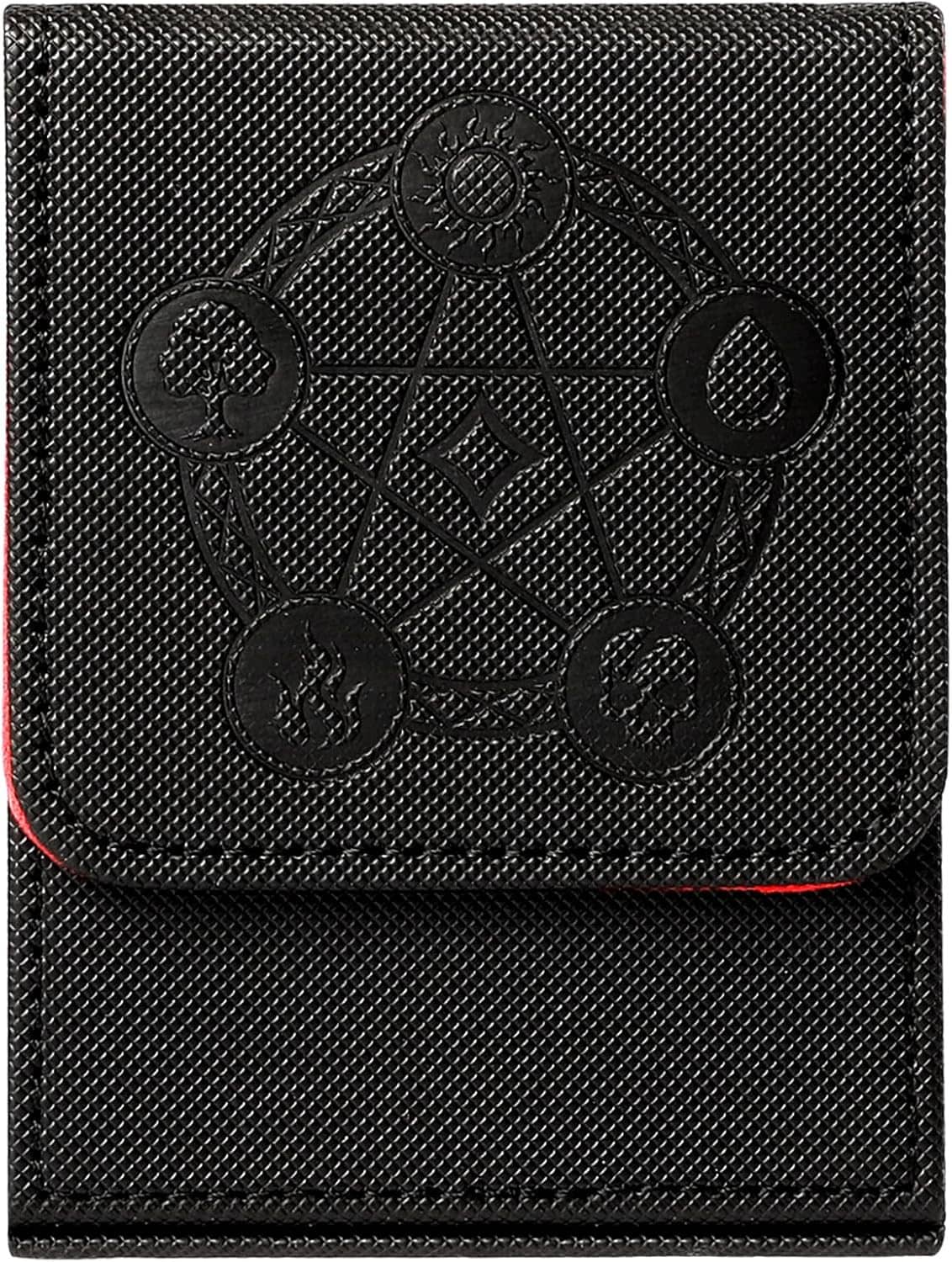 Close-up of black magnetic deck box flap with embossed pentagram-style game emblem