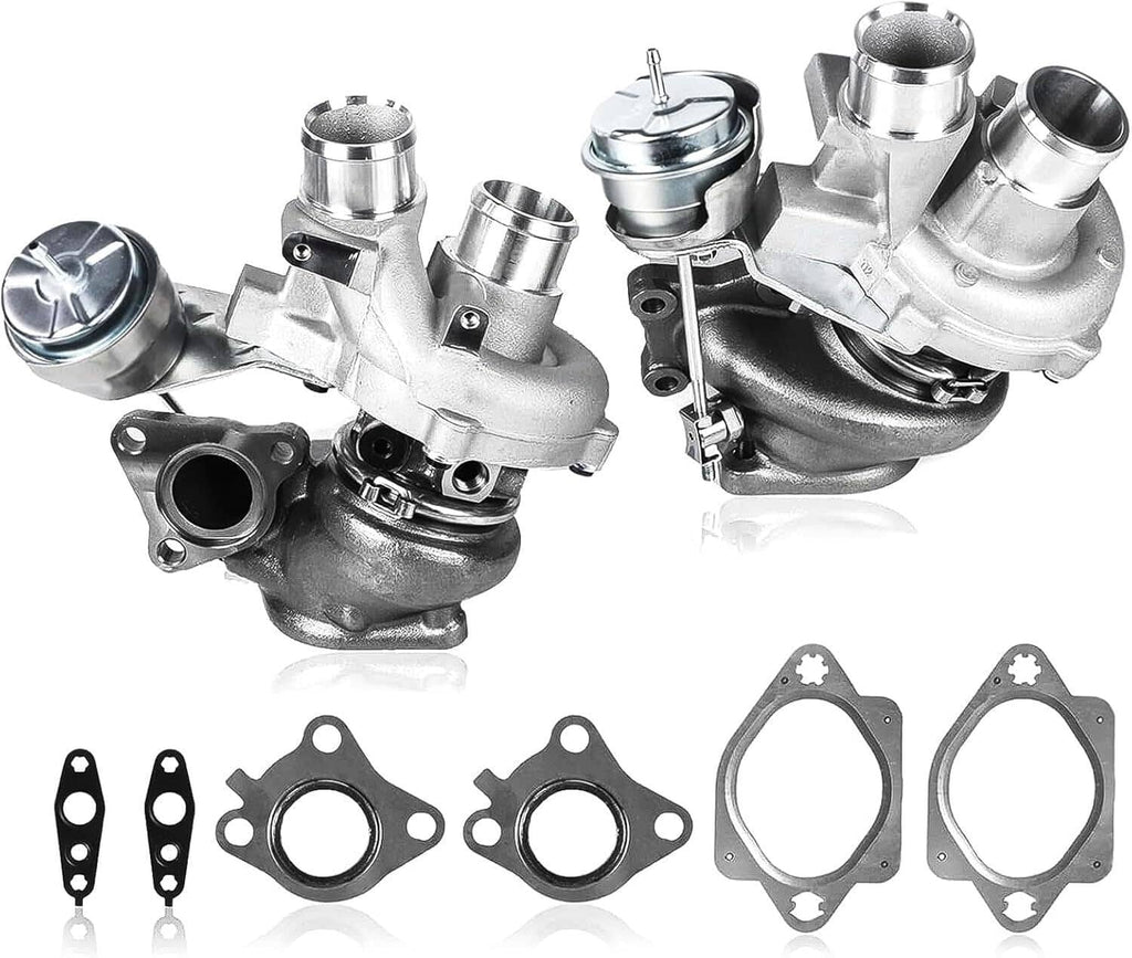 Left and right turbocharger kit, pair of silver turbo units with housings