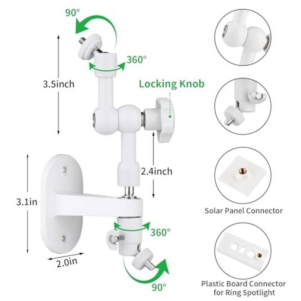 White solar wall mount diagram with locking knob and 360° pivot