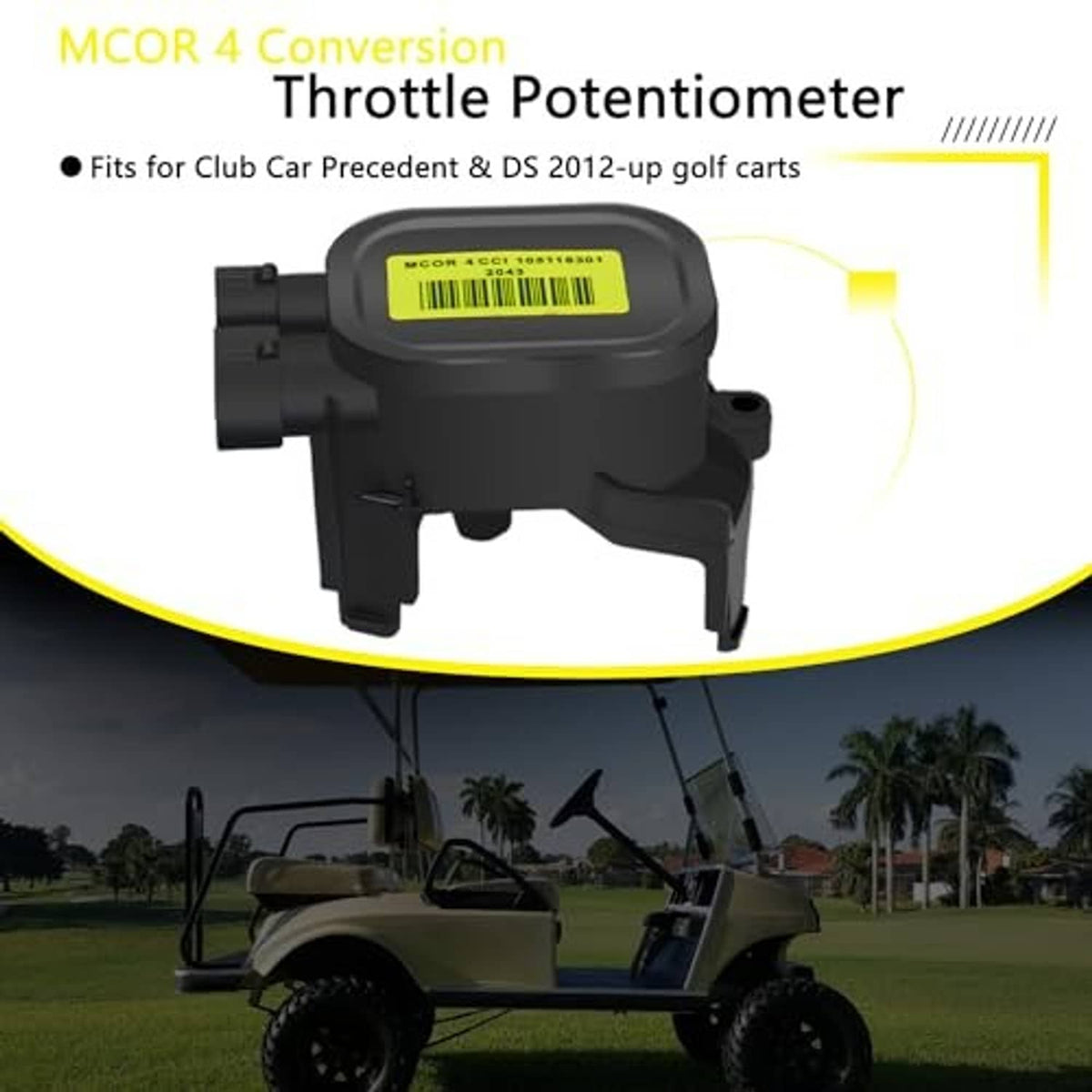 Dark gray throttle potentiometer with yellow label and integrated mounting tabs