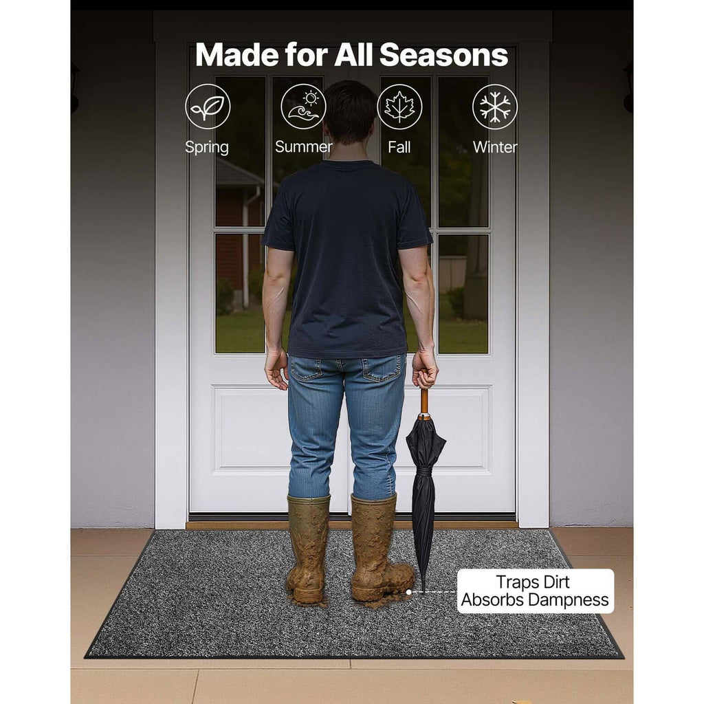 Grey front door mat placed at an entry, speckled texture with flat edges