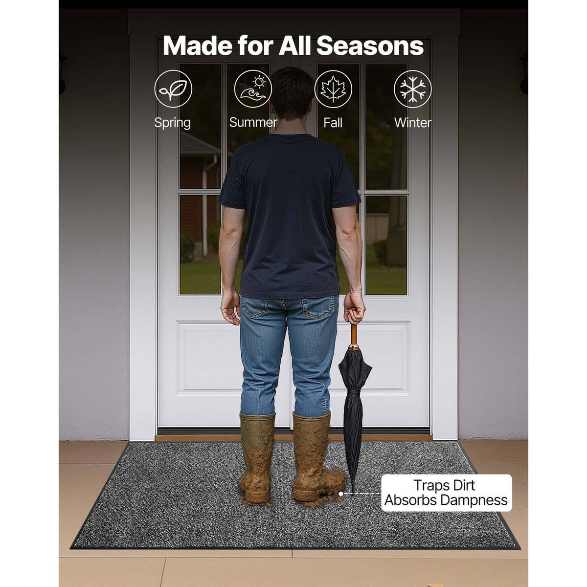 Grey front door mat placed at an entry, speckled texture with flat edges