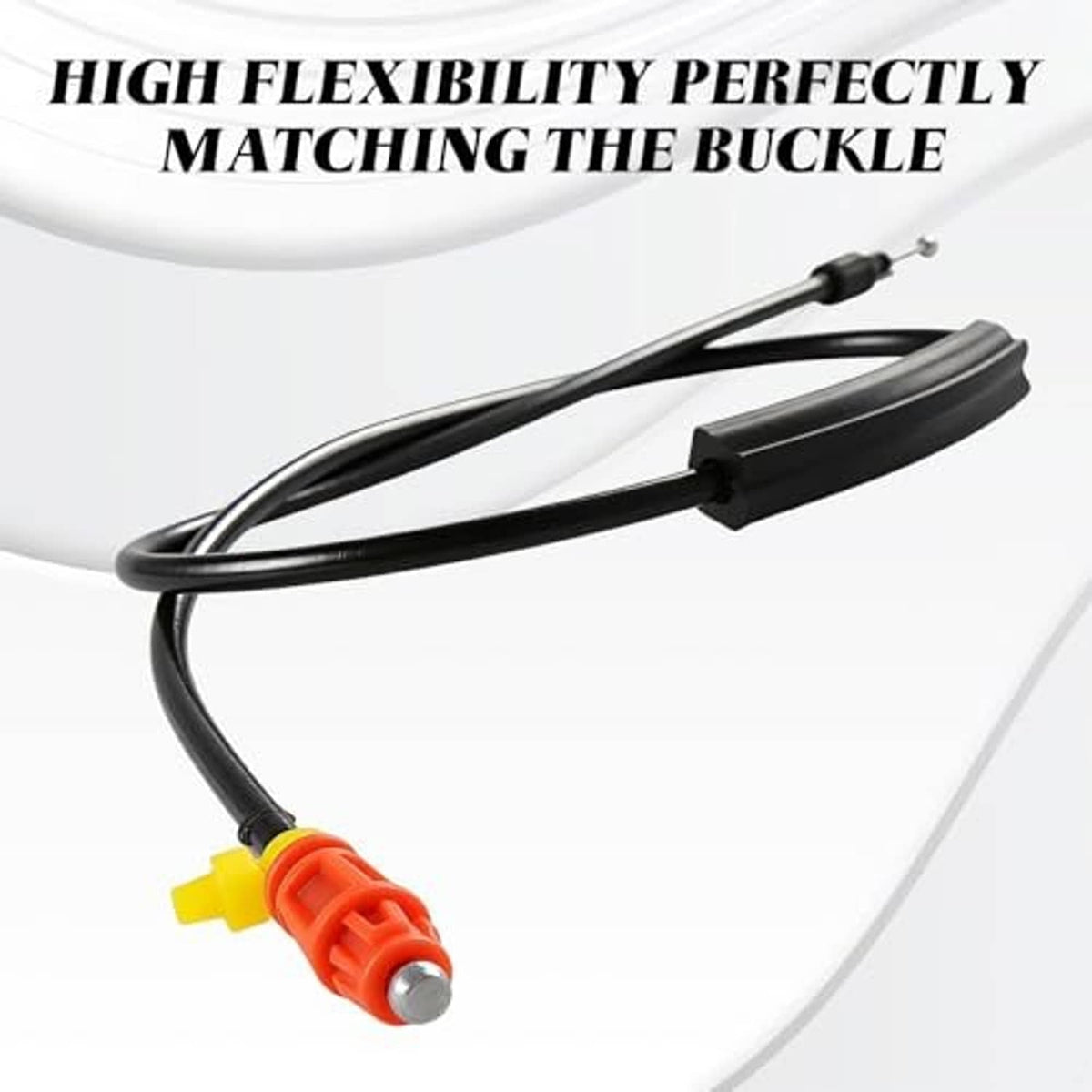 Door latch release cable with orange push connector and black cable loops