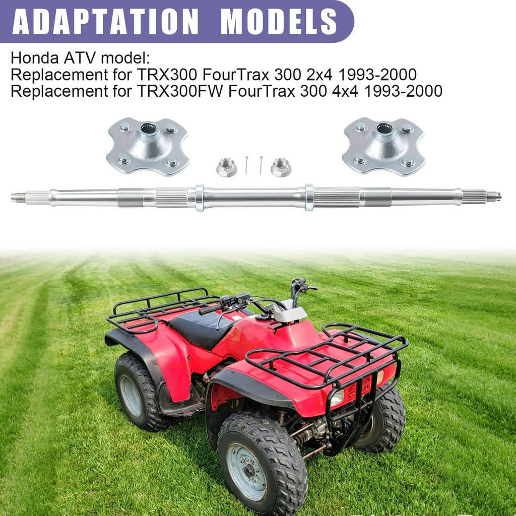 Rear axle shaft kit with wheel hub flanges and nuts shown with ATV vehicle
