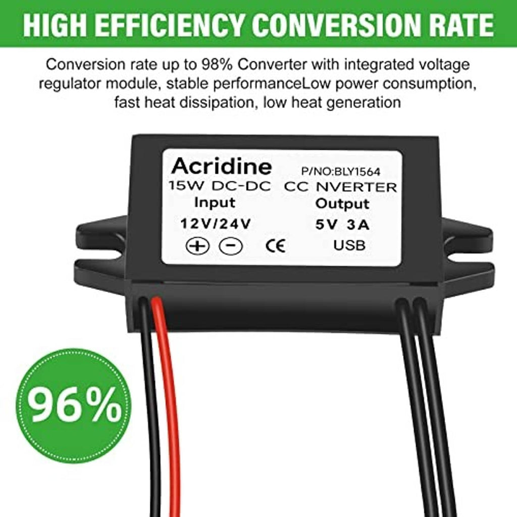 Front view 12V/24V to 5V USB DC converter with red and black power leads
