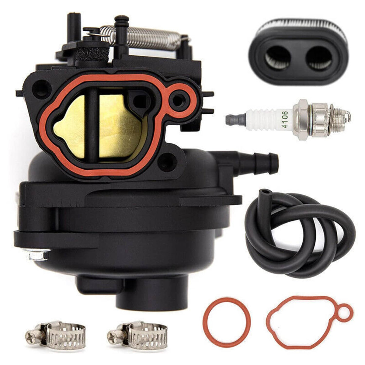 Carburetor kit with black carburetor, spark plug, hoses, clamps, and gasket O-rings