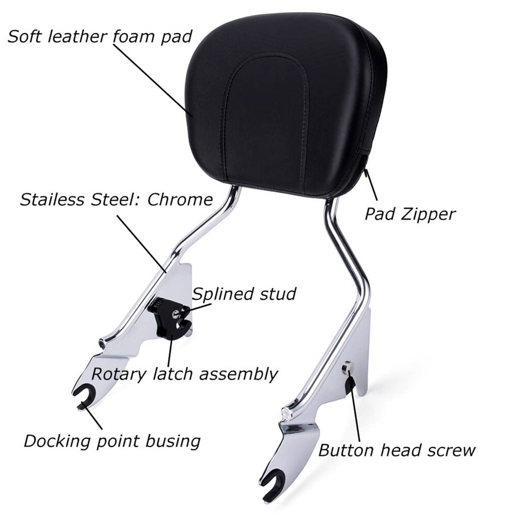 Detachable sissy bar backrest with black padded cover, zipper edge, chrome hardware
