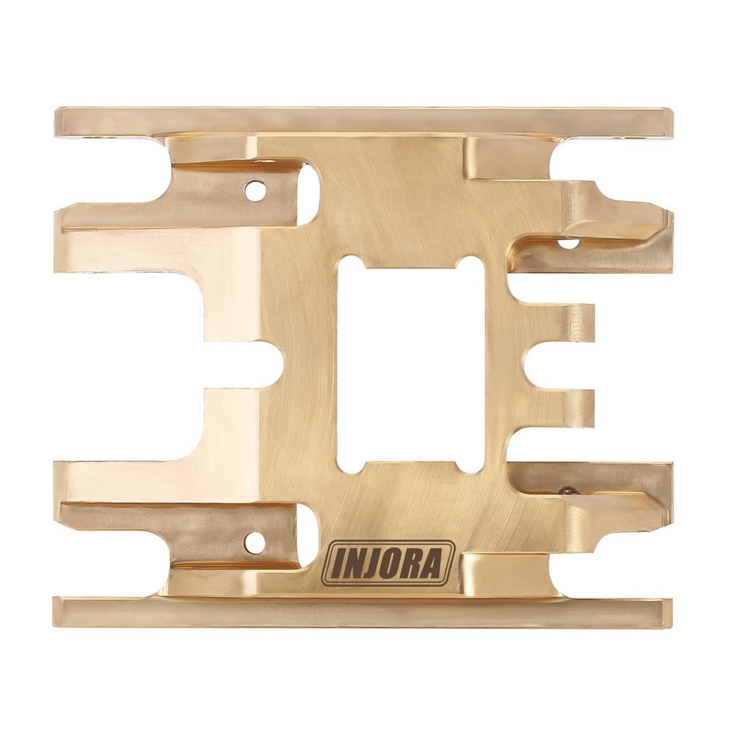 INJORA brass transmission skid plate mount, front view with INJORA logo