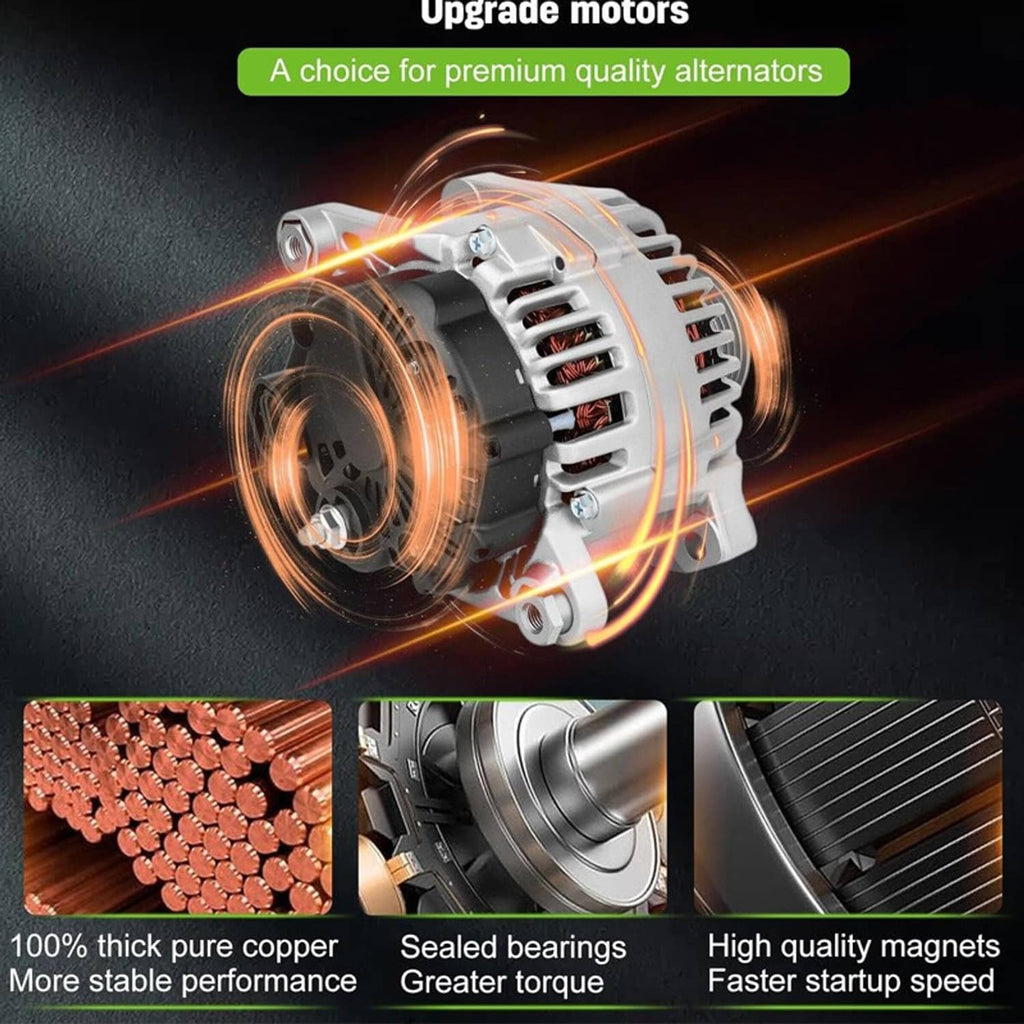 Alternator with glowing copper coil-style illustration and silver housing, front 3/4 view.
