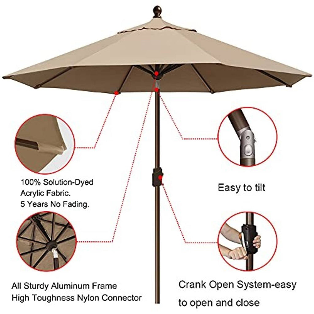 Heather beige patio market umbrella with easy-tilt and crank open system details