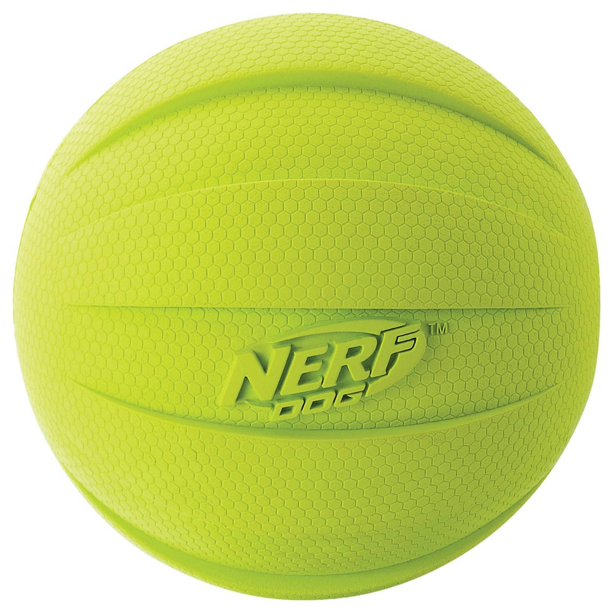 Neon green textured rubber dog ball with Nerf Dog logo on front