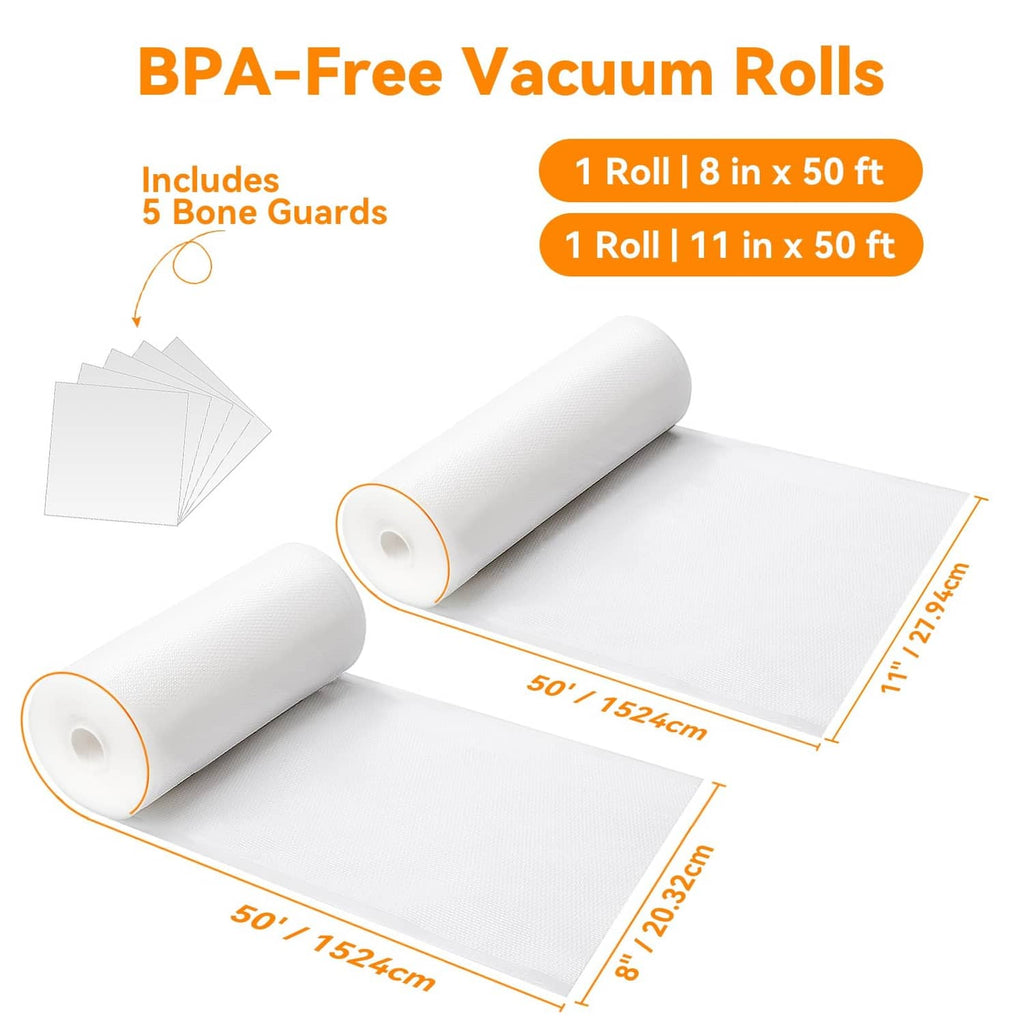 Clear vacuum sealer rolls shown in two sizes: 8 in x 50 ft and 11 in x 50 ft
