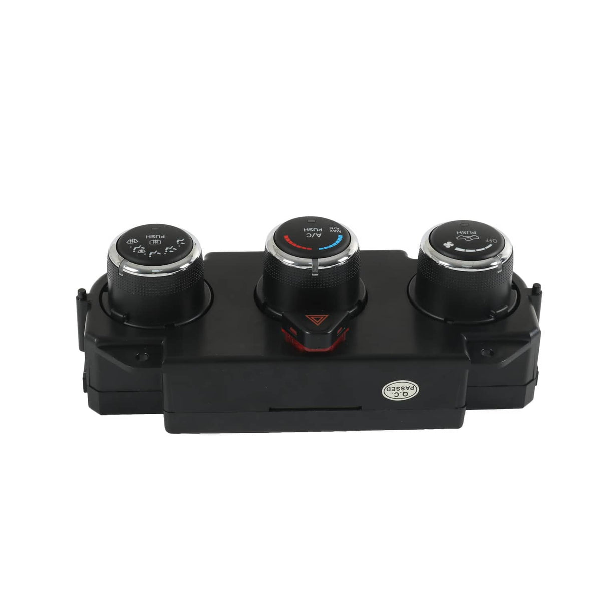 AC climate control panel top view with three knobs and center A/C indicator.