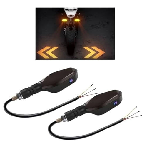 Pair of black LED motorcycle turn signal projectors with amber arrow projection and cables