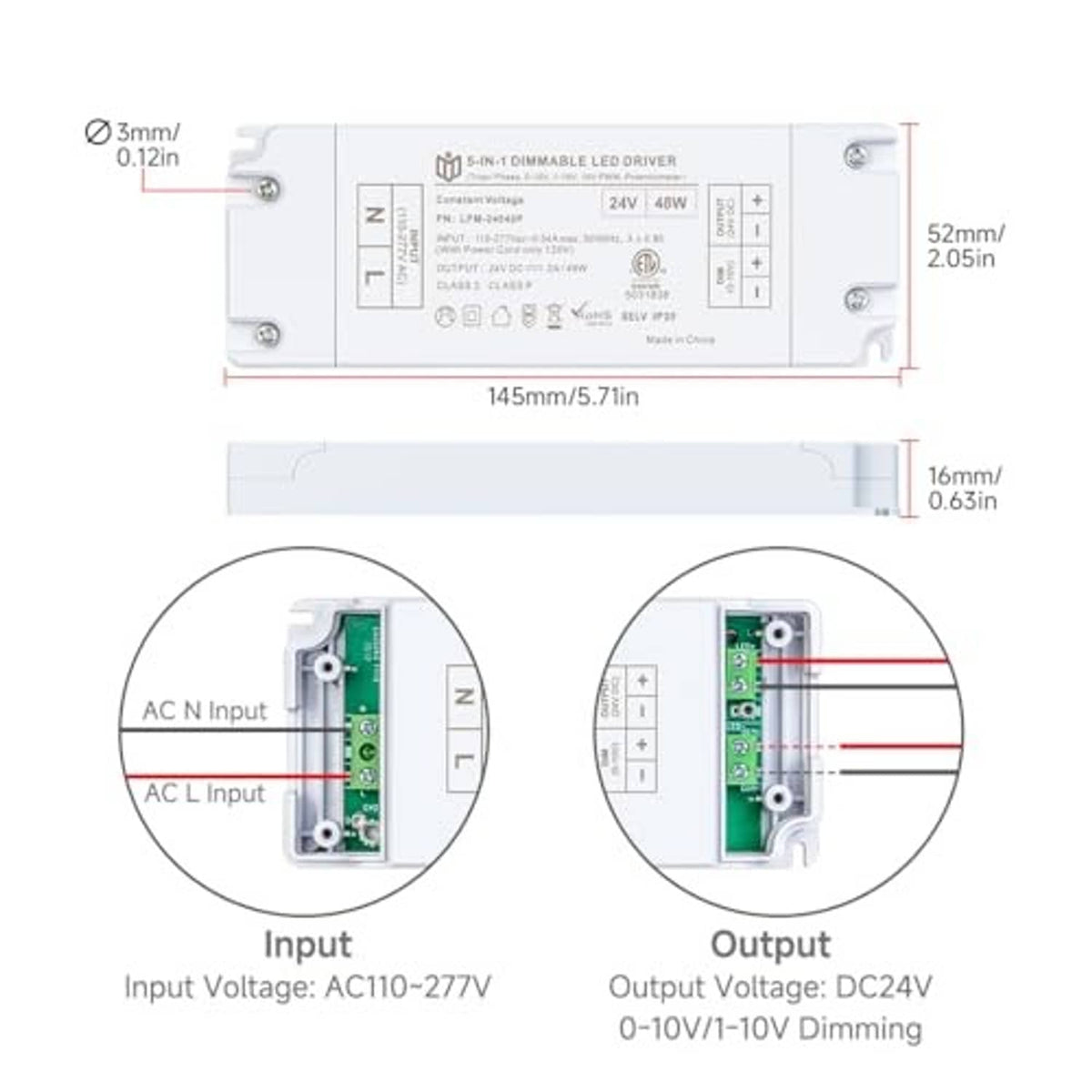 24V LED dimmable driver with labeled input/output terminals and size diagram