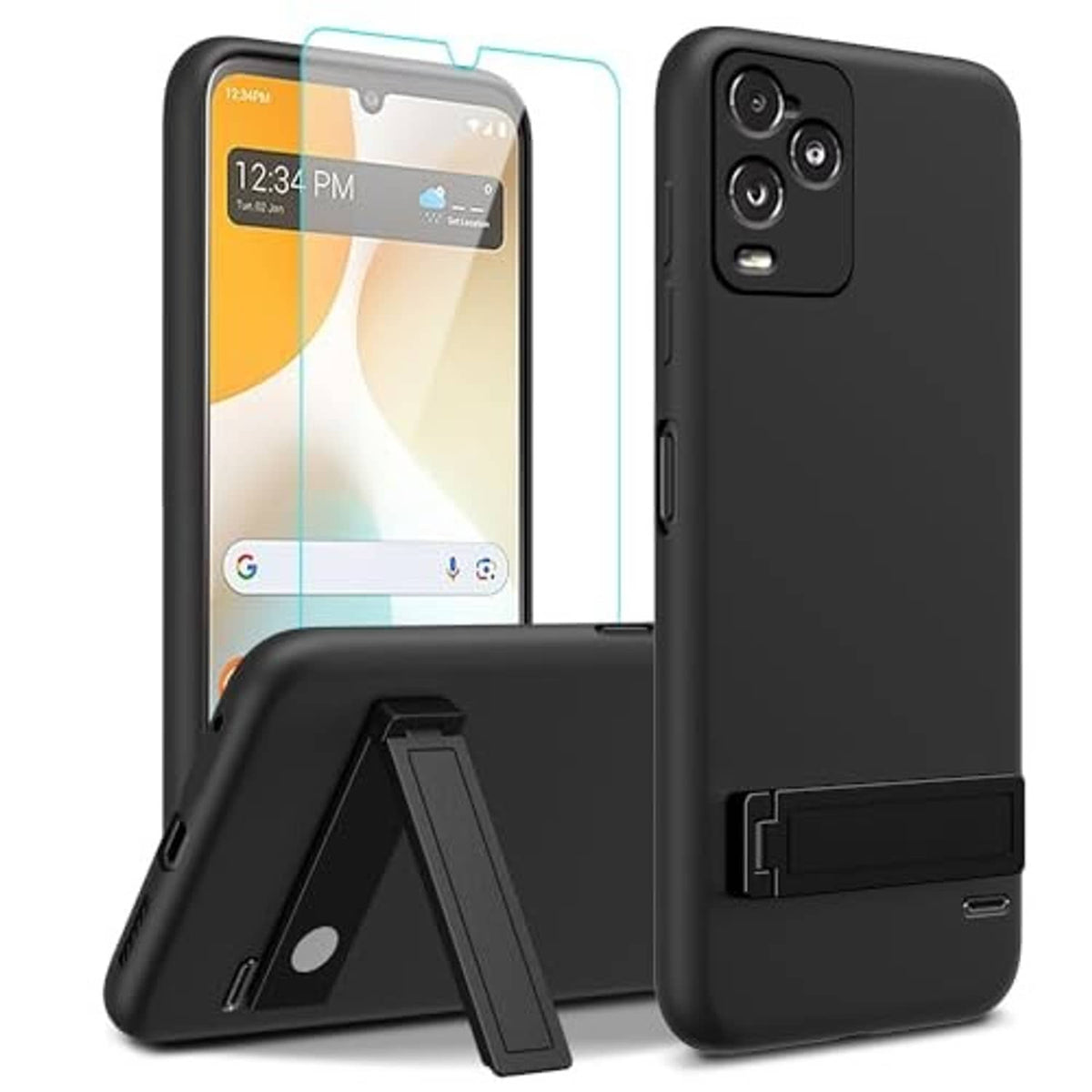 Black phone case with clear glass screen protector and fold-out kickstand, rear view