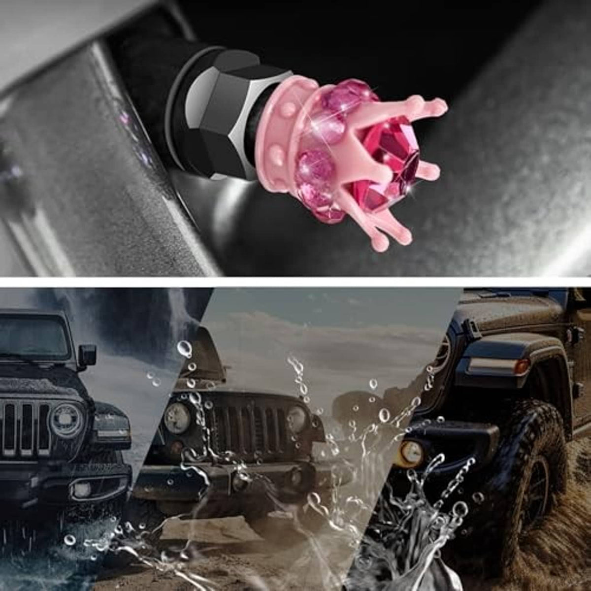 Pink rhinestone crown tire valve cap on a tire valve stem, close-up