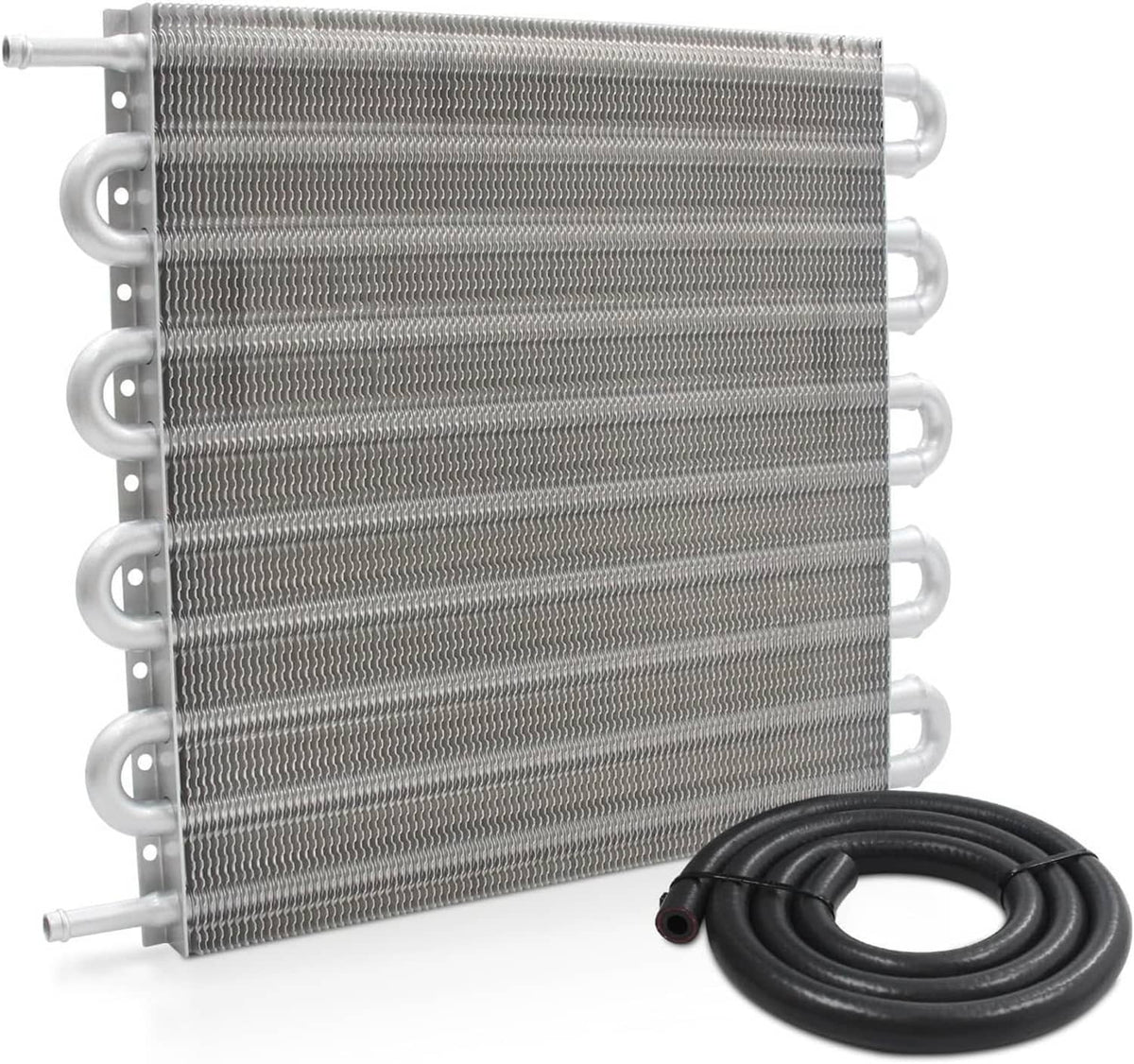 Aluminum oil cooler radiator with mounting bracket and attached black hose