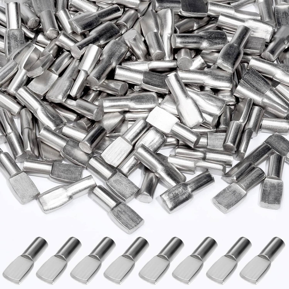 Silver metal shelf pegs with 5mm pin heads, bulk pile assortment
