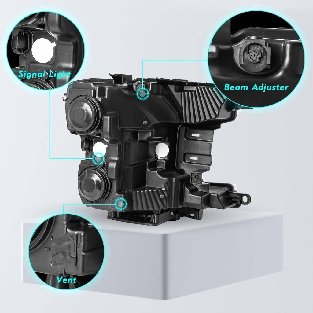 Black headlight housing showing beam adjuster, signal light, and vent detail