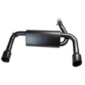 Black muffler with curved exhaust pipes and dual outlet tips, matte finish