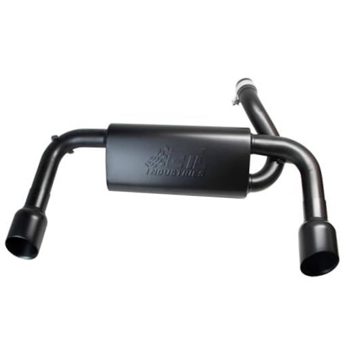 Black muffler with curved exhaust pipes and dual outlet tips, matte finish