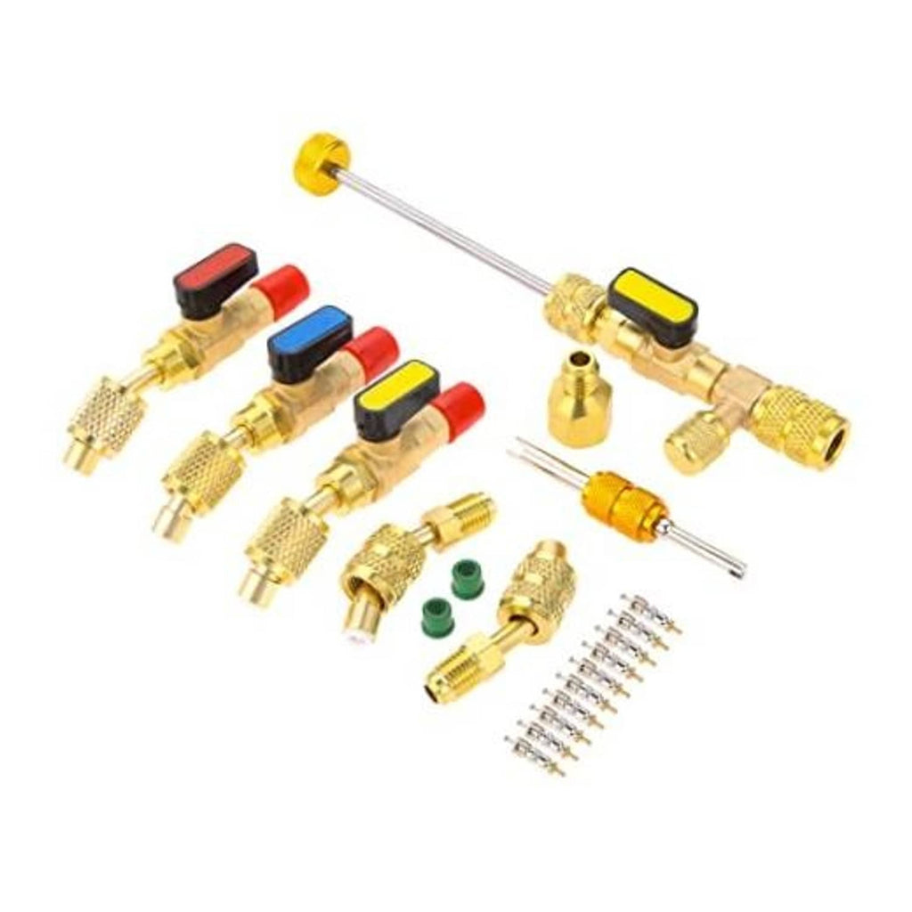 Refrigerant valve core remover installer kit with brass fittings and adapters, 3-piece set