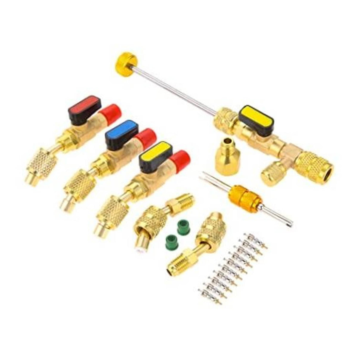 Refrigerant valve core remover installer kit with brass fittings and adapters, 3-piece set