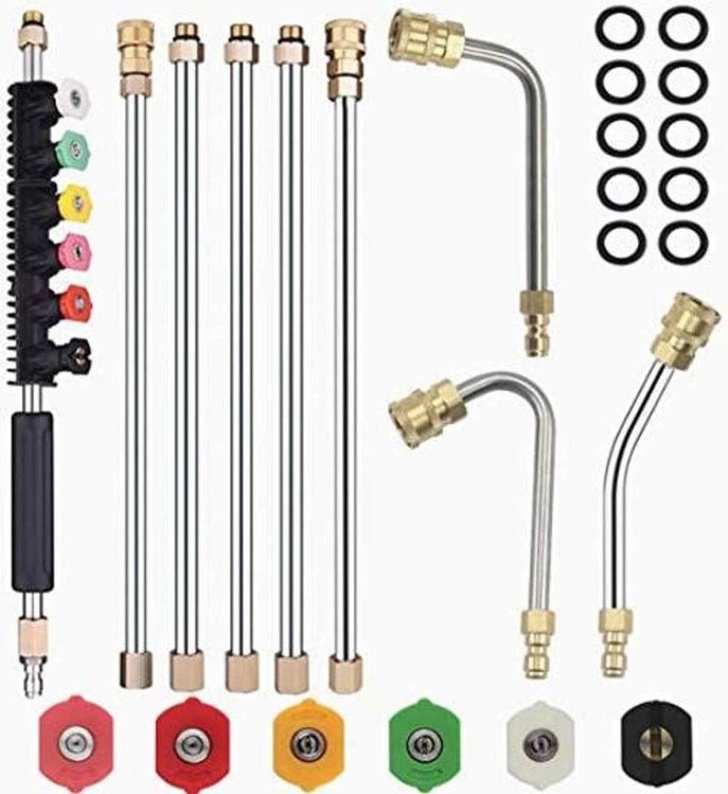 Pressure washer extension wand kit with multiple metal extension tubes and quick-connect parts