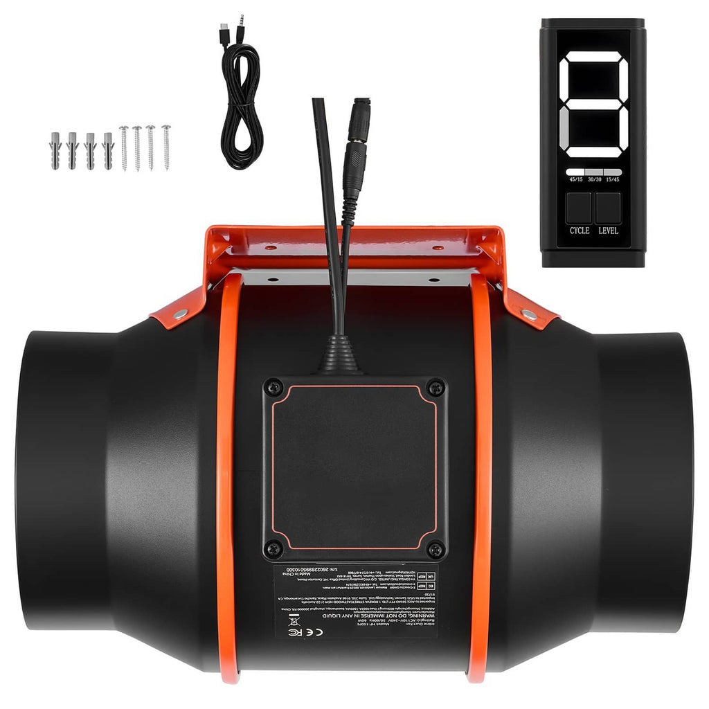 Inline duct fan front view with black blades housing, orange frame, and controller display