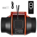 Inline duct fan front view with black blades housing, orange frame, and controller display