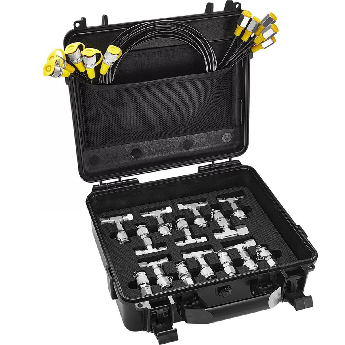 Hydraulic pressure test kit case open with coiled hoses, pressure gauges, and brass fittings