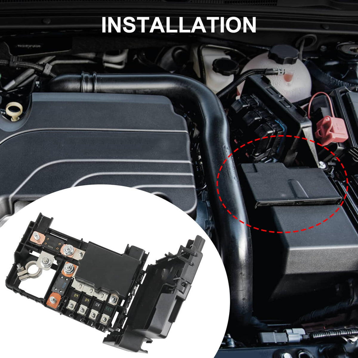Under-hood fuse box module with exposed fuse panel and electrical terminals