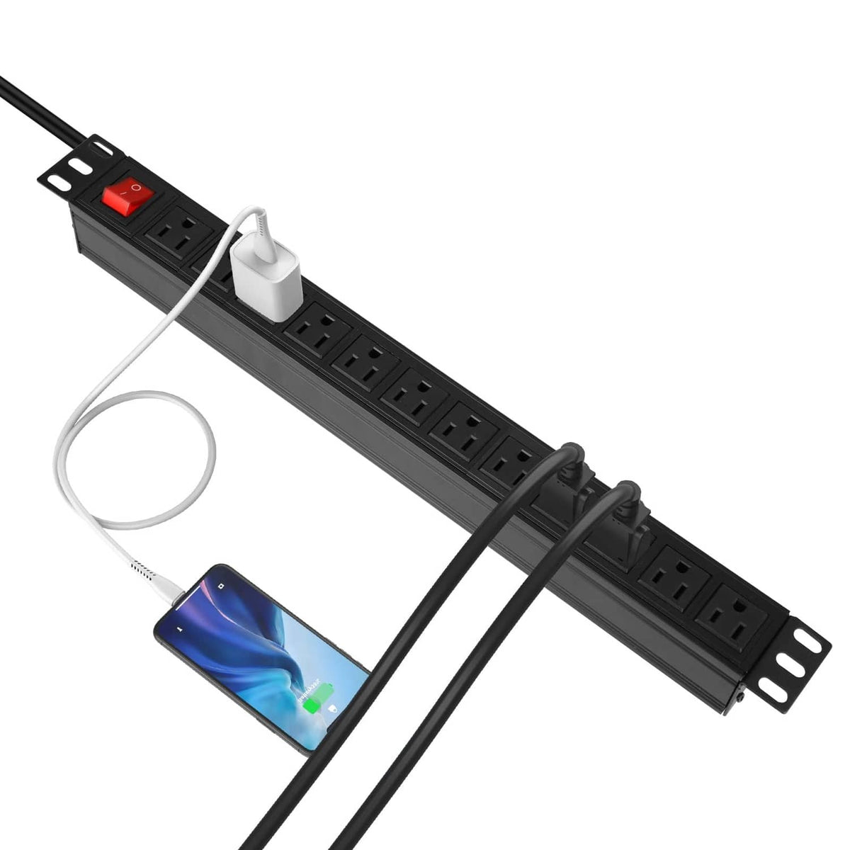 Black rack-mount power strip with 12 outlets, red switch, and plug-in cords