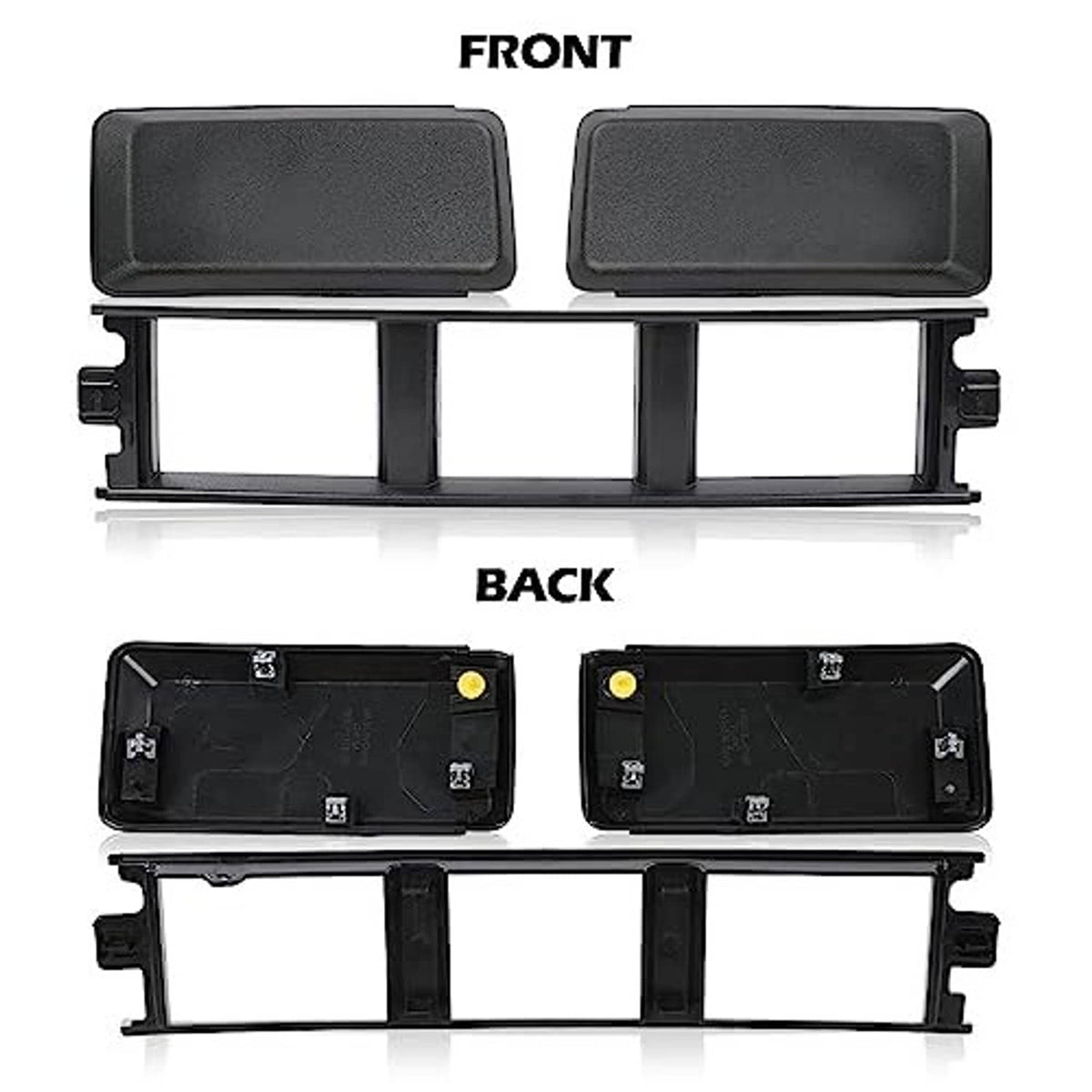 Front bumper cover trim pieces with labeled front and back backing plates
